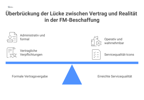 Diagramm, das die formale Vertragsvergabe der operativ wahrnehmbaren Servicequalität gegenüberstellt und so die Lücke zwischen Vertrag und Realität aufzeigt. 