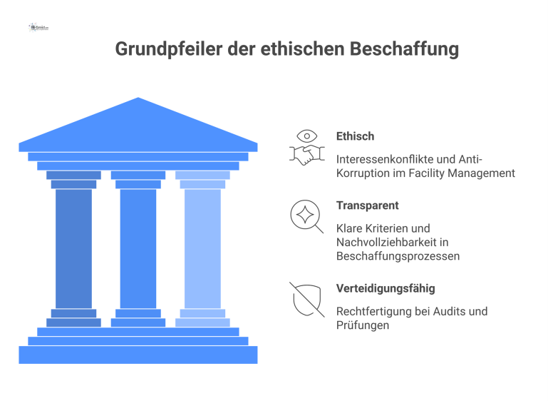 Diagramm mit drei Säulen der ethischen Beschaffung: Ethisch, Transparent und Verteidigungsfähig, welche dem übergeordneten Ziel Risikomanagement dienen.