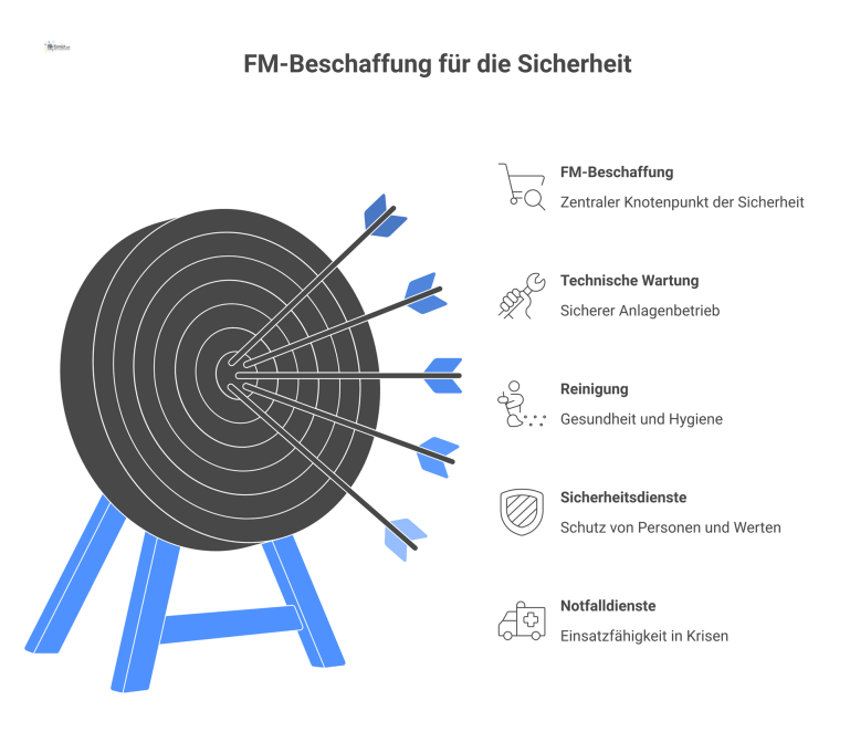 FM-Beschaffung für die Sicherheit Mindmap zur zentralen Rolle der FM-Beschaffung für Sicherheit, mit Ästen für technische Wartung, Reinigung, Sicherheits- und Notfalldienste.