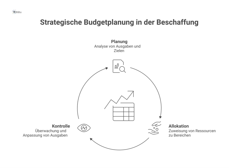 Ein Kreislaufdiagramm zur strategischen Budgetplanung mit den drei Phasen Planung, Allokation und Kontrolle zur Realisierung von Einsparungen.