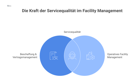 Diagramm das Servicequalität als zentralen Knotenpunkt zeigt, der die Bereiche Beschaffung, Vertragsmanagement und operatives Facility Management miteinander verbindet. 