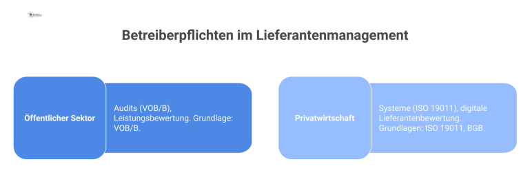 Vergleichsdiagramm zu Betreiberpflichten, das den öffentlichen Sektor (VOB/B) und die Privatwirtschaft (ISO 19011, BGB) gegenüberstellt.