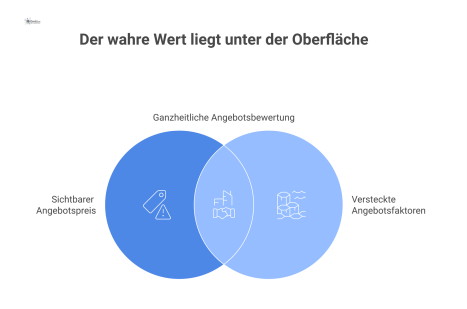 Infografik eines Eisbergs, dessen Spitze der Angebotspreis ist. Der größere, untergetauchte Teil symbolisiert die wahren Kostenfaktoren wie Qualität und Risiken.