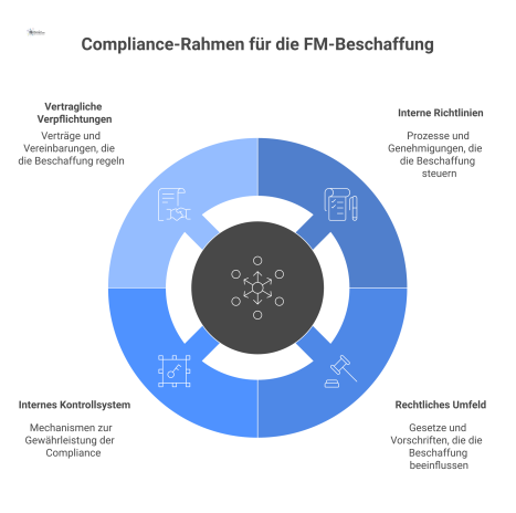Diagramm des Compliance-Rahmens für die FM-Beschaffung, die von internen Richtlinien, dem rechtlichen Umfeld, Kontrollen und Verträgen beeinflusst wird.