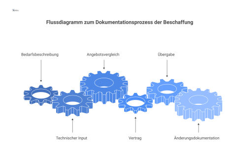 Ein Flussdiagramm, das den Dokumentationsprozess in der Beschaffung in sechs chronologischen Phasen von Bedarfsbeschreibung bis zur Änderungsdokumentation visualisiert.