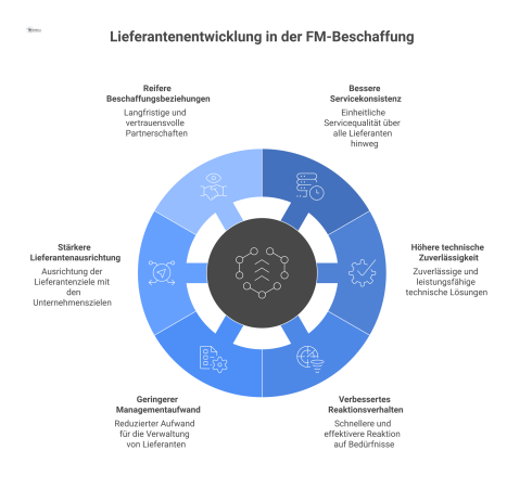 Mindmap-Diagramm, das die sechs zentralen Ergebnisse der Lieferantenentwicklung in der FM-Beschaffung visualisiert, wie bessere Servicekonsistenz und höhere Zuverlässigkeit.