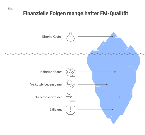 Ein Eisberg-Diagramm, das die geringen direkten Kosten über Wasser und die viel größeren indirekten Kosten unter Wasser darstellt. 