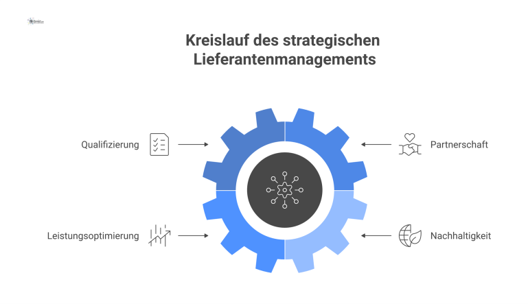 Kreislaufdiagramm zum strategischen Lieferantenmanagement. Es zeigt die vier verbundenen Kernbereiche Qualifizierung, Partnerschaft, Leistungsoptimierung und Nachhaltigkeit mit passenden Icons.