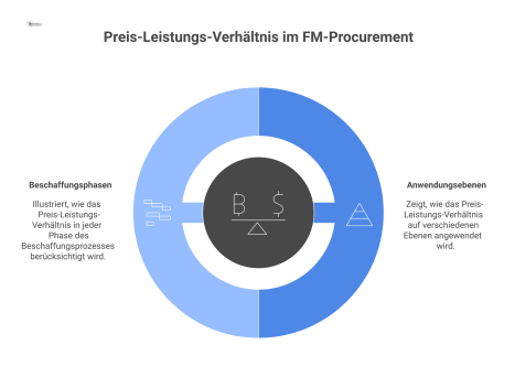 Infografik, die das Preis-Leistungs-Verhältnis im FM-Procurement mit vier Anwendungsebenen und fünf Beschaffungsphasen als zentrale Aspekte visualisiert.