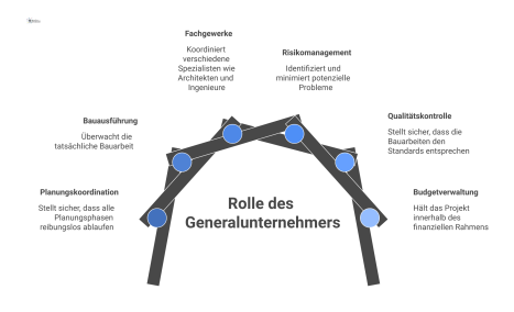Organigramm, das den Generalunternehmer als zentrale Schnittstelle zeigt, der Fachgewerke koordiniert und so das Schnittstellenrisiko für den Auftraggeber minimiert.