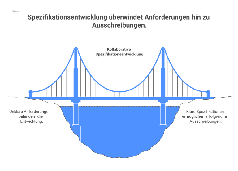 Flussdiagramm Prozess der Spezifikationsentwicklung Infografik-Flussdiagramm, das den Prozess der Spezifikationsentwicklung von der Anforderung bis zum Vertragsdokument unter Einbeziehung von Beschaffung, Ingenieuren und Nutzern darstellt.
