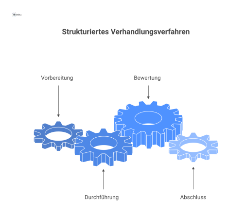Flussdiagramm eines strukturierten Verhandlungsverfahrens mit vier Phasen und zwei parallelen Bahnen für Einkauf und Technik.