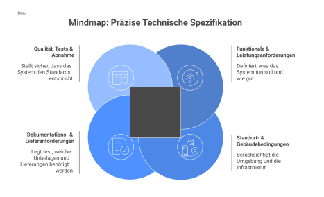 Mindmap mit dem zentralen Thema 'Präzise Technische Spezifikation' und vier Hauptästen: Funktionale Anforderungen, Standortbedingungen, Dokumentation sowie Qualität und Tests.