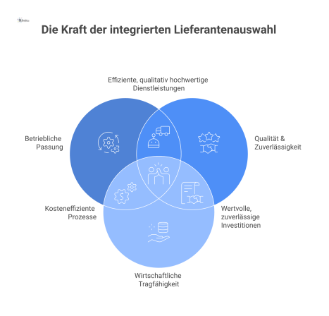 Infografik zur Lieferantenauswahl, die auf drei gleichgewichtigen Säulen basiert: Betriebliche Passung, Qualität & Zuverlässigkeit sowie wirtschaftliche Tragfähigkeit.