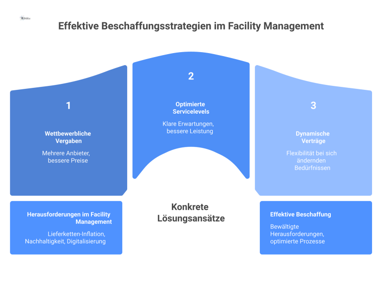 Diagramm zu effektiven Beschaffungsstrategien im Facility Management als Antwort auf Inflation, Nachhaltigkeit und Digitalisierung mit konkreten Lösungsansätzen.