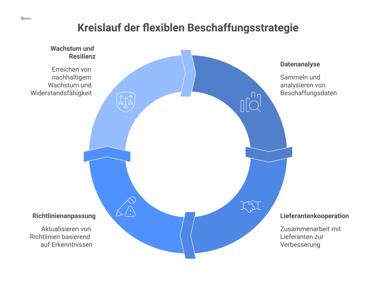 Kreislauf der flexiblen Beschaffungsstrategie Ein iterativer Kreislauf für eine flexible Beschaffungsstrategie, beeinflusst durch externe Treiber und Prozessschritte wie Datenanalyse zur Sicherung der Resilienz.