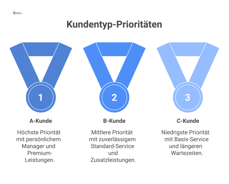 Leistungsdifferenzierung nach Kundentyp Infografik mit drei Spalten, die die Service-Leistungen für A- (Gold), B- (Silber) und C-Kunden (Bronze) vergleicht