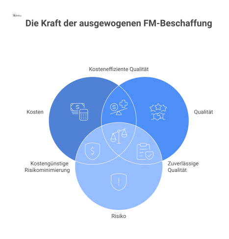 Ein Diagramm, das eine zentrale Beschaffungsentscheidung zeigt, welche von verbundenen Faktoren wie Kosten, Qualität, Risiko und Nutzererwartungen umgeben ist.