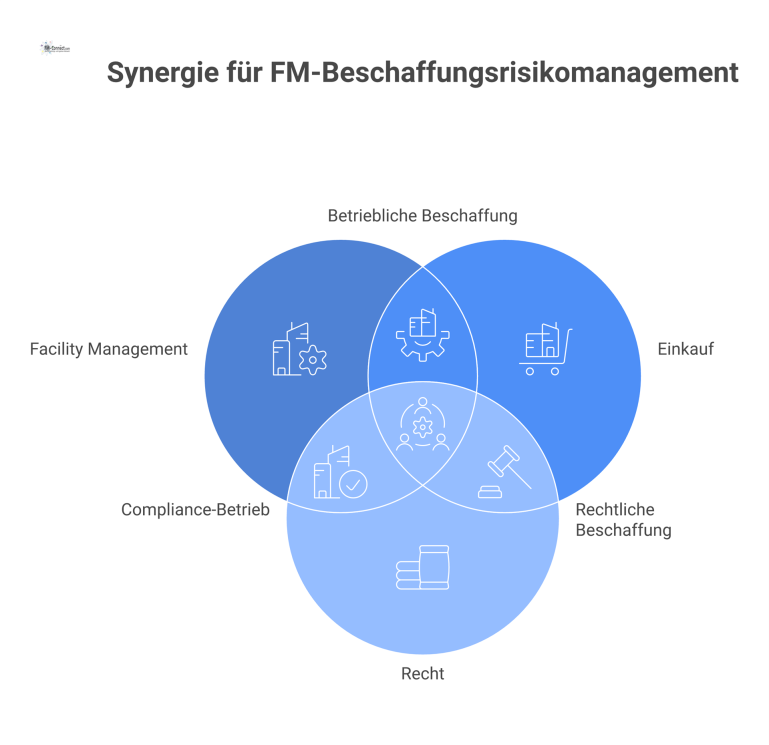 Integriertes Risikomanagement in der FM-Beschaffung Hub-and-Spoke-Diagramm, das integriertes Risikomanagement in der FM-Beschaffung mit den Bereichen Facility Management, Einkauf, Recht und Finanzen verbindet.