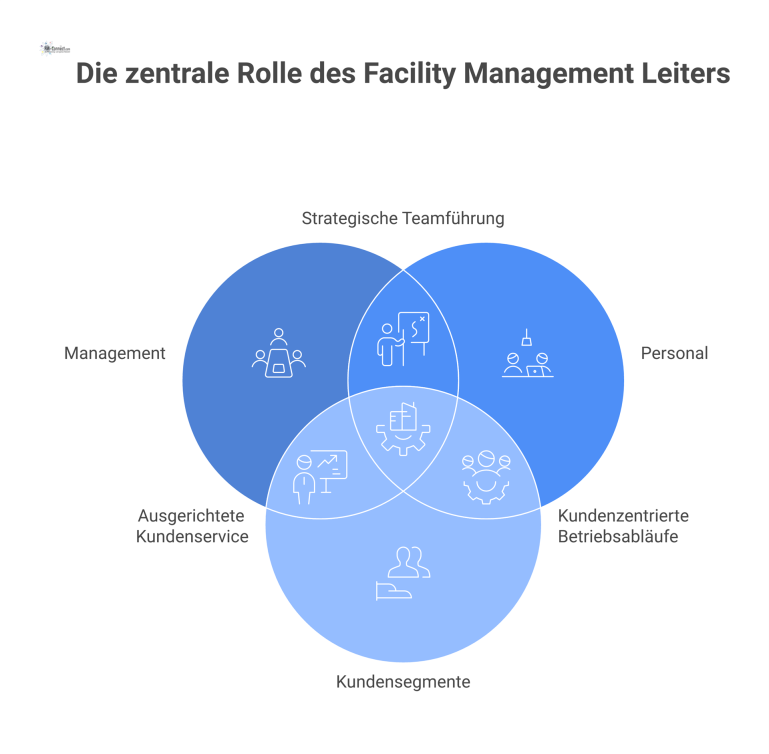 Diagramm des Head of Facility Management als zentrale Figur zwischen Management, Personal und Kundensegmenten mit seinen Kernaufgaben.