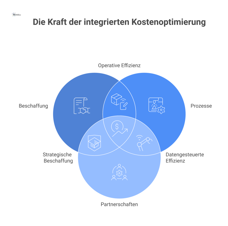 Diagramm zur Kostenoptimierung mit den Zielen bessere Preise und Effizienz, basierend auf den drei Säulen Beschaffung, Prozesse und Partnerschaften.
